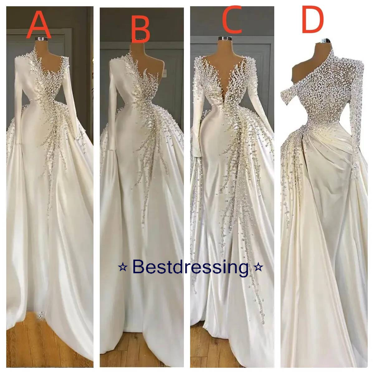 Cheap Dubai Arabic Luxury Pearls Crystal Mermaid Wedding Dresses Beaded Long Sleeves With Overskirt Detachable Train Satin V Neck Bridal Gowns Weddi
