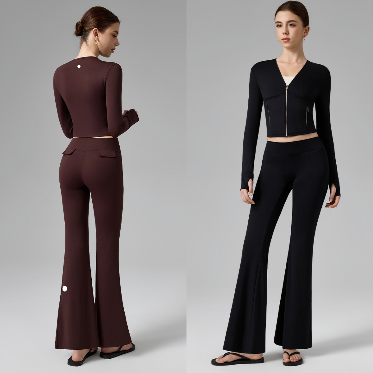 L6705 automne nouveauté ensemble de Fitness deux pièces pour femmes haut de Yoga à col en v et pantalon de Yoga taille basse légèrement évasé man