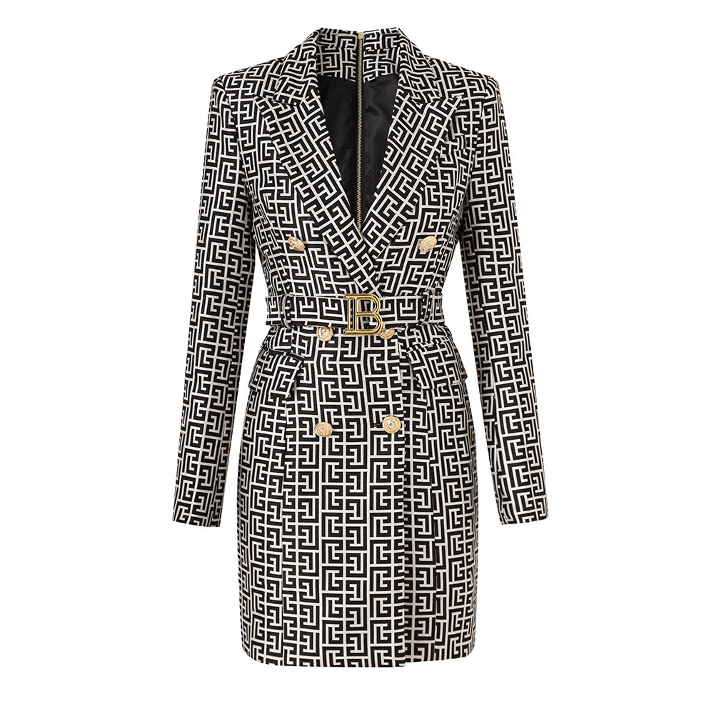 2026 Autumn And Winter European And American Style Black And White Patterned Light Luxury Suit Collar Waist Cinching Slimming Long Sleeved Jacket St