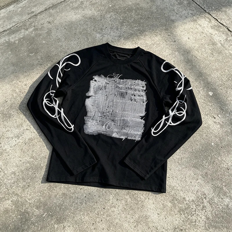 Y2K Personalized Letter Printed Waffle Round Neck Long Sleeve T-shirt Hoodie Lightweight and Breathable Summer 261017