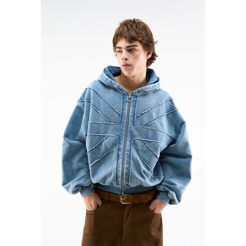 Veste à capuche en Denim vieilli unisexe, fermeture éclair étoile, coupe ample, bord brut, Streetwear, manteau à capuche en Jean délavé