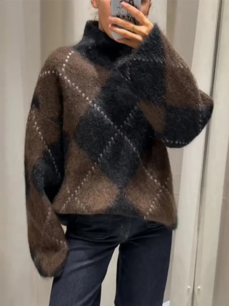 Argyle Paneled Vintage Pullover Female Long Sleeve Turtleneck Drop Shoulder Loose Fluffy Sweater Autumn Winter Casual Pullovers 261014