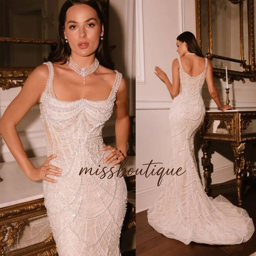 Elegant Mermaid Wedding Dresses Spaghetti Strap Beading Customized Bridal Gowns Chapel Backless Formal Bride Dress Q017