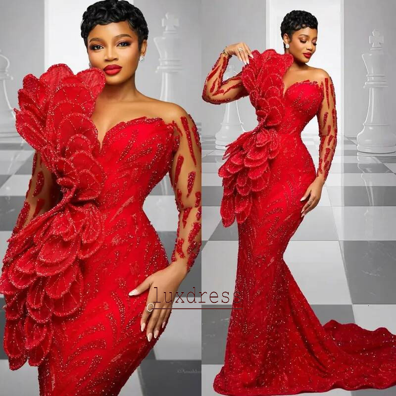 2026 Aso Ebi Red Prom Dress Mermaid Evening Dresses Formal Gowns For Black Women Sheer Neck Illusion Beaded Lace Crystals Flora Birthday Second Rece