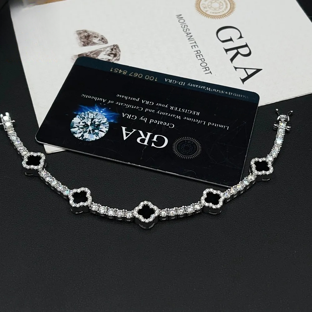 Fashion Black Clover Tennis Chain 925 Silver 3mm Moissanite Pass Diamond test Hip Hop Bracelet