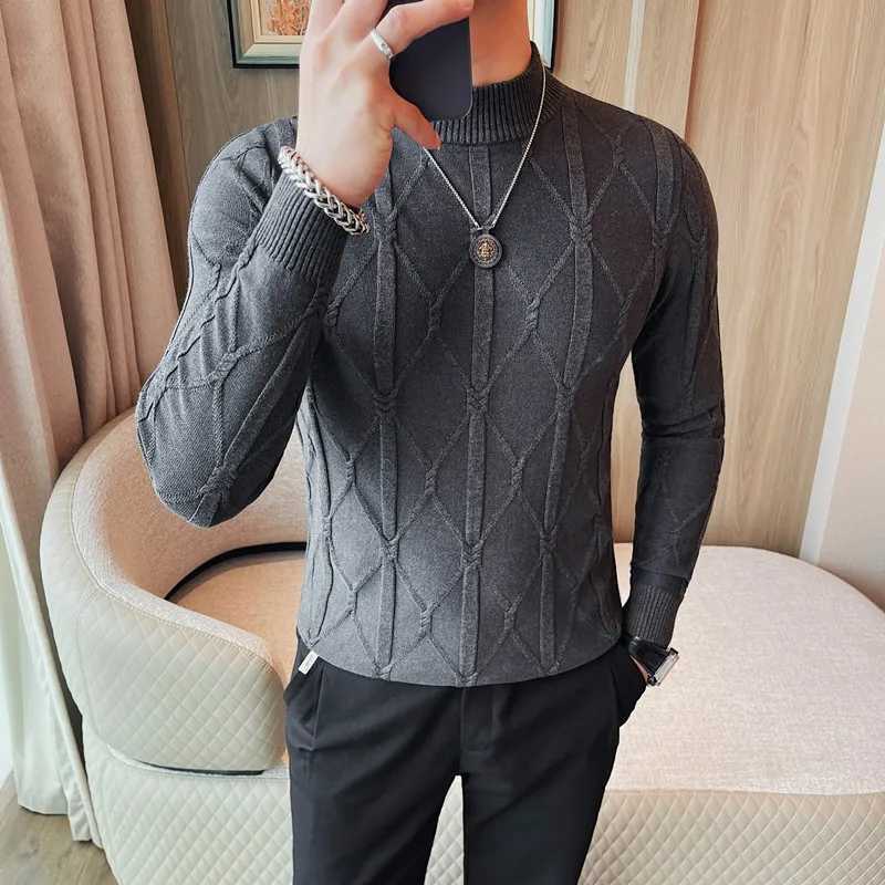 Half Autumn Winter Korean Jacquard High Collar Sweater for Men Slim Fit Casual Knitted Sweater Fashion Warm Knitted Pullovers M261016