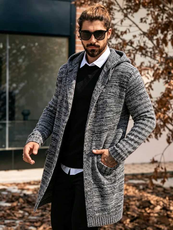 Long Hooded Knitted Cardigan Men Open Front Sweater Coat with Pockets Casual Loose Long Slve Knit Outwear Autumn Winter Men's M261016