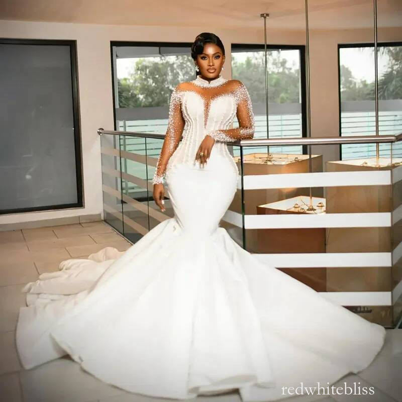 Plus Size For Bride Mermaid Wedding Gowns High Neck Long Sleeves Appliqued Sequined Beaded Lace Rhinestones Bridal Dress D269
