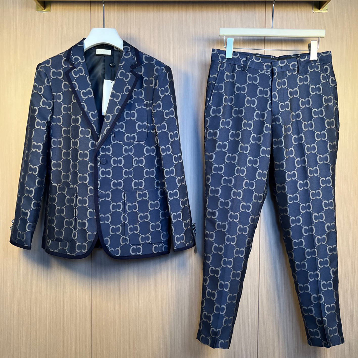 Designer brand clothing, high-quality men's blue double G vintage suit set, light luxury formal suit set, fully printed banquet suit, jacquard