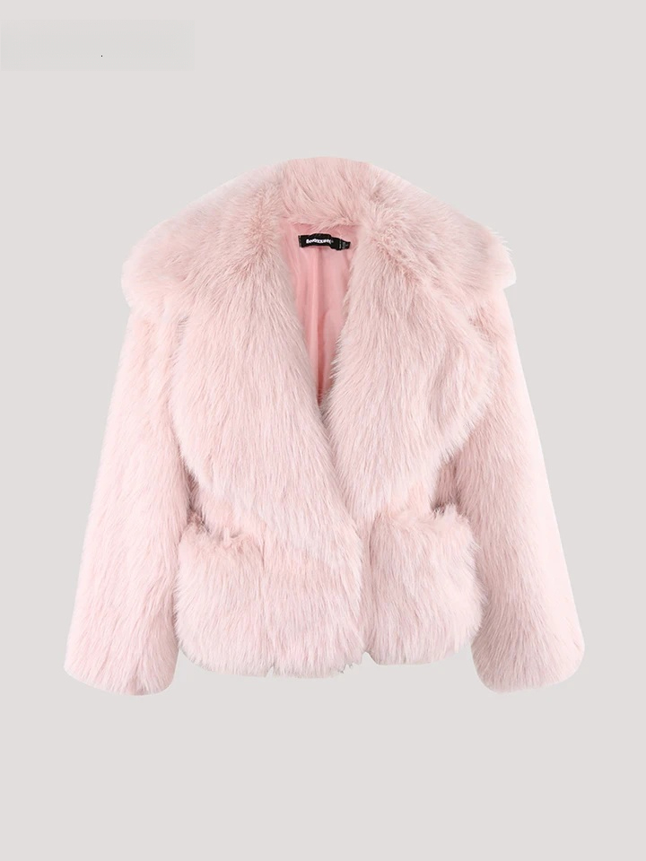 Winter Short Loose Casual Hairy Soft Thick Warm Pink Faux Fur Coat Women With Big Collar And Pockets Fluffy Jacket