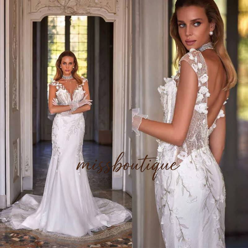 Customized Beach Mermaid Wedding Dresses Illusion 3D Flowers Appliques Backless Bridal Gowns Formal Bride Dress Q017