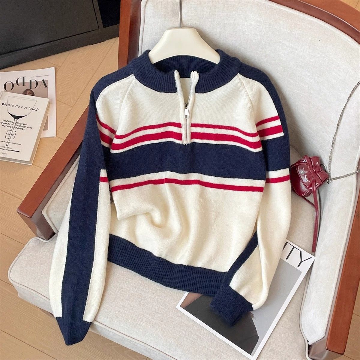 High-End Fashion Daily Luxury Clothing Retro Color-Block Striped Half-Zip Long-Sleeve Sweater For Women, 2025 Autumn/Winter New Collection, American