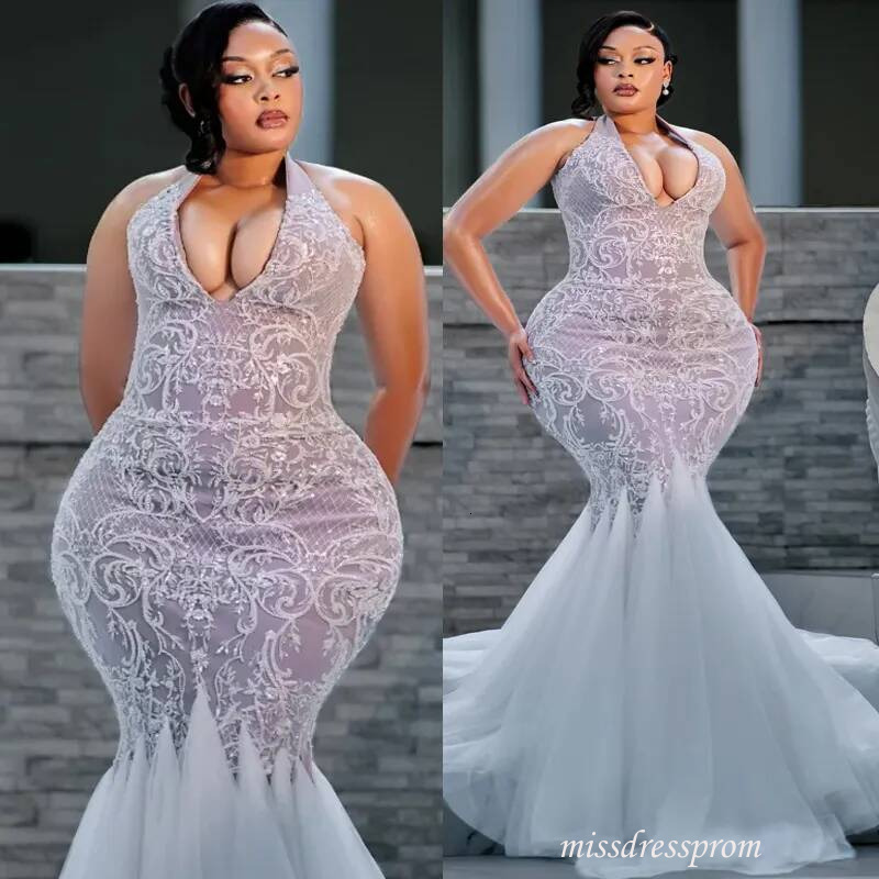 Plus Size For Bride Mermaid Wedding Gowns Halter Full Appliqued Tiers Tulle Beaded Lace Rhinestones Bridal Dress D917