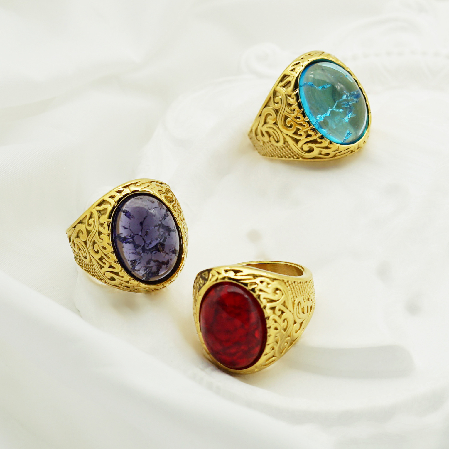 New fashion personalized retro Viking rune ring, trendy simple colorful gemstone men's ring wholesale