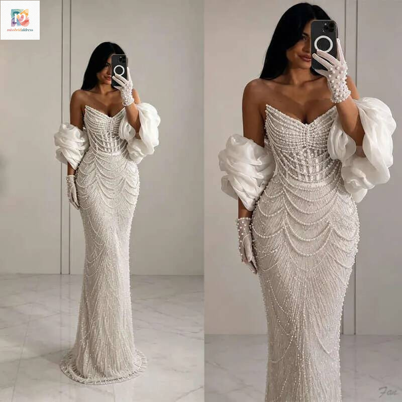 Customized Mermaid Wedding Dresses Sexy Pearls Beads Sweetheart Backless Bridal Gowns Formal Bride Dress Mb017