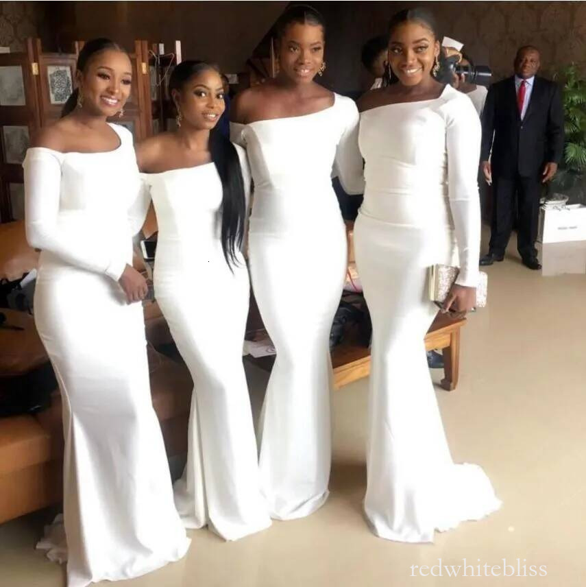 Elegant Off Shoulder Bridesmaid Dresses Black Girls Floor Length Long Sleeves Maid Of Honor Gowns Plus Size Mermaid Evening Prom Dress