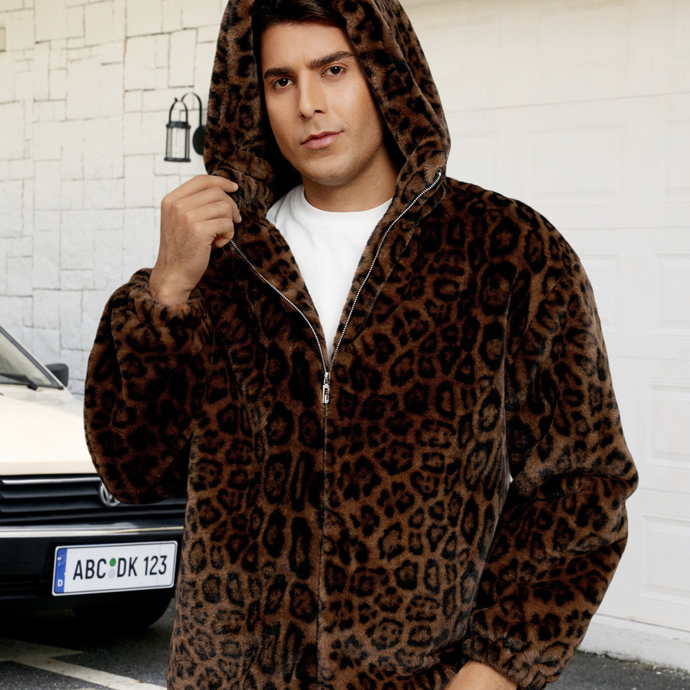 European American Best-Selling Men's Faux Fur Coat, Plush, Color-Blocked, Warm, And Thickened Leopard Print Jacket