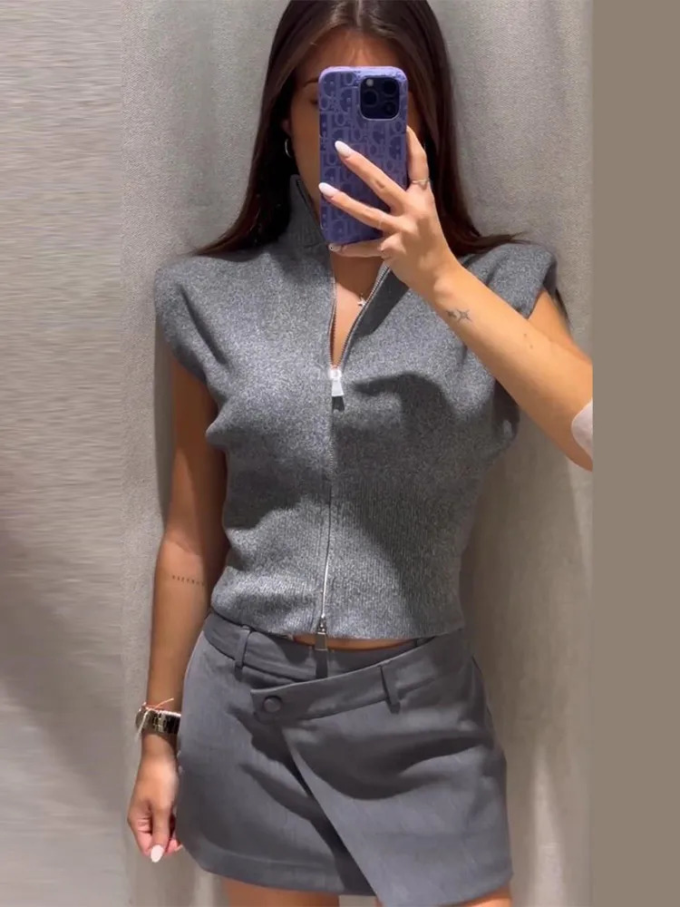 Sleeveless Padded Shoulder Womens Knitted Vest Half Turtleneck Double Zipper Cropped Slim Solid Knit Cardigan Street Tops 261019