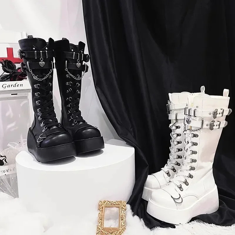 Metal Buckle Chunky Platform Punk Boots Women 2024 Winter Gothic Thick Bottom Knee High Boots Woman Black Wedges Cosplay Shoes 261019