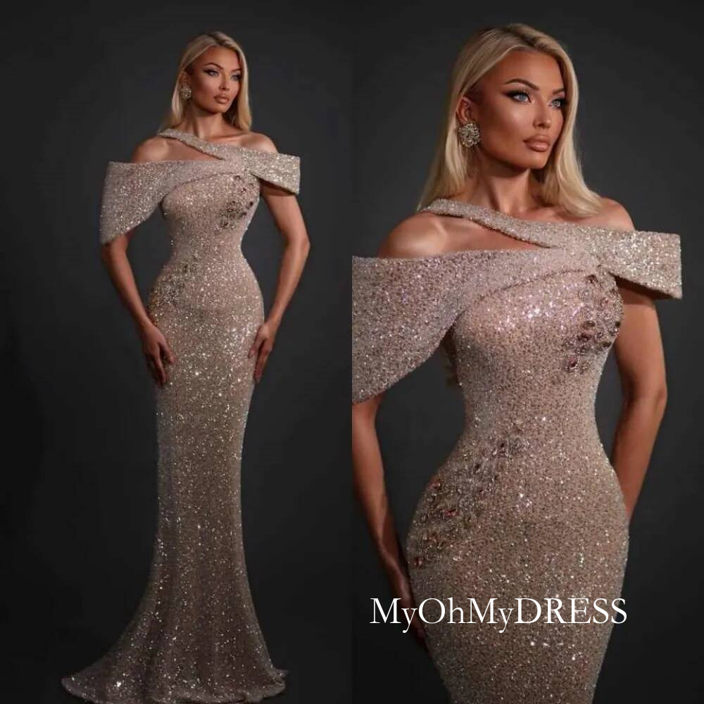 Customized Elegant Mermaid Evening Off Shoulder Strapless Sequins Rhinestone Prom Gowns Woman Formal Cocktail Dress Y016