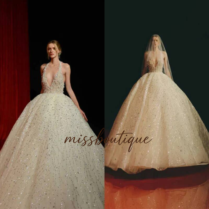 Gorgeous Wedding Ball Gowns With Veil Halter Sequins Beaded Bride Dresses Custom Made Floor Length For Formal Bridal Wearing Q017