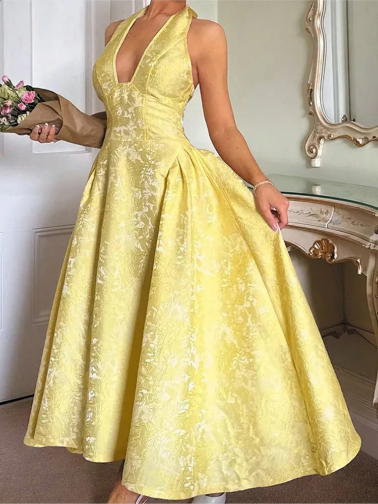 Party Dresses For Woman V-neck Sleeveless Evening Dress Halter Neck Temperament Vestidos Backless Leace-up Robe Solid Color Slim 261015