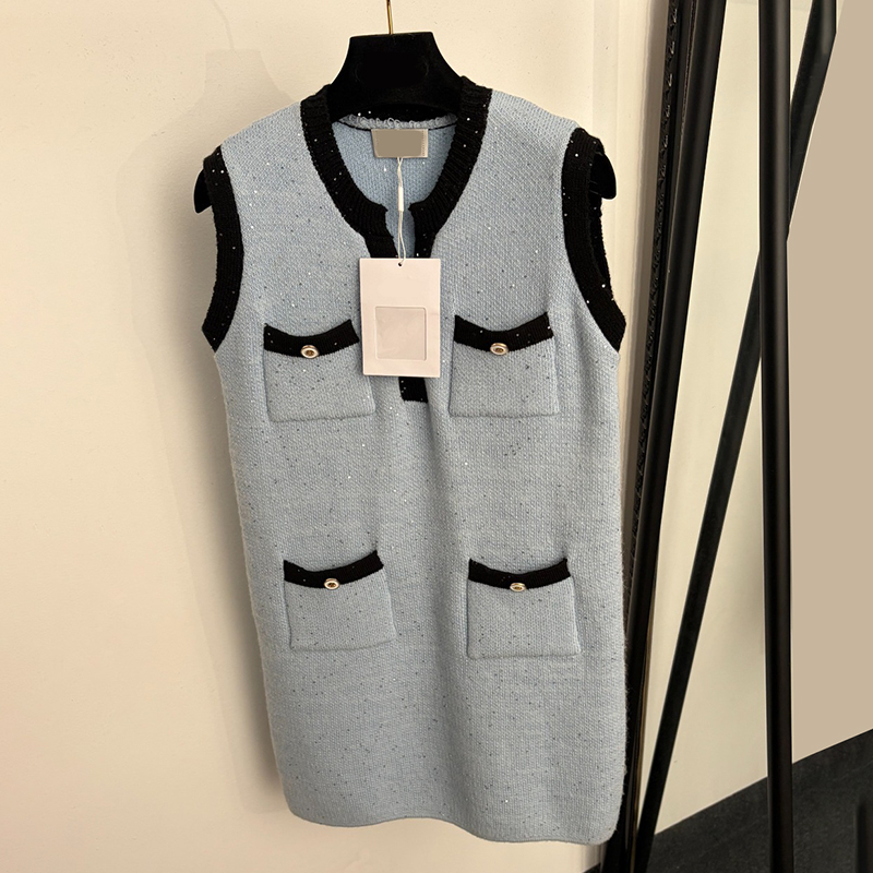 Tweed Sleeveless Knit Dress For Women Solid Color V Neck Mini Tank Dresses Summer Vacation Elegant Vest Dress