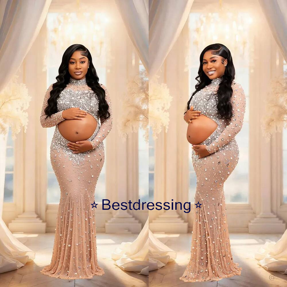 Luxury Pearls Maternity Photography Sparkle Crystals Long Sleeve High Neck Baby Shower Dress Fashion Beaded Special Occasions Gowns Custom Made Bd01