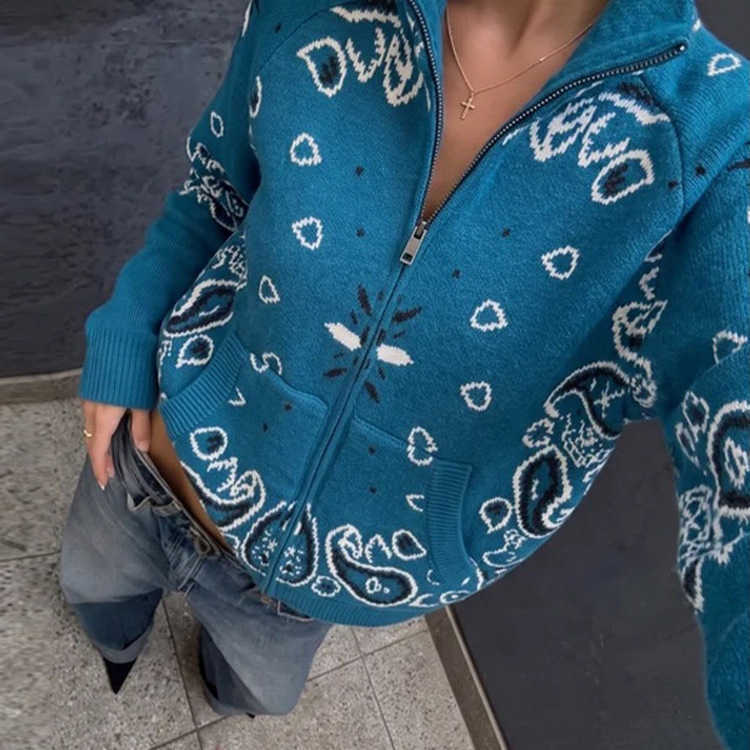 Womens Designer Blue Paisley Jacquard Knitted Cardigan Bandana Pattern Zip Up Jacket Casual Sweater Coat