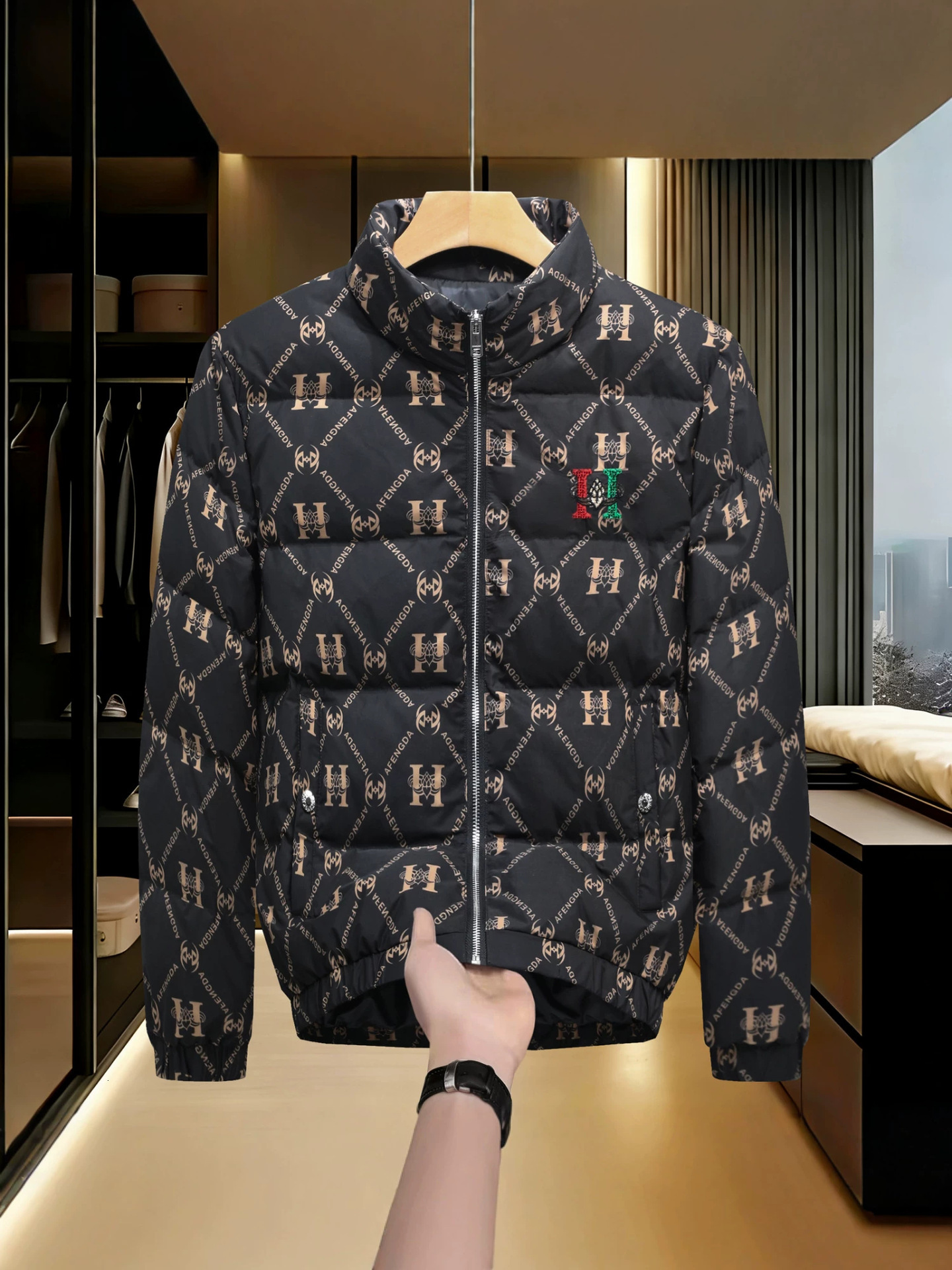 men's down jacket men's high-end, trendy printed jacket with embroidered stand-up collar, thickened for extra warmth, featuring white duck