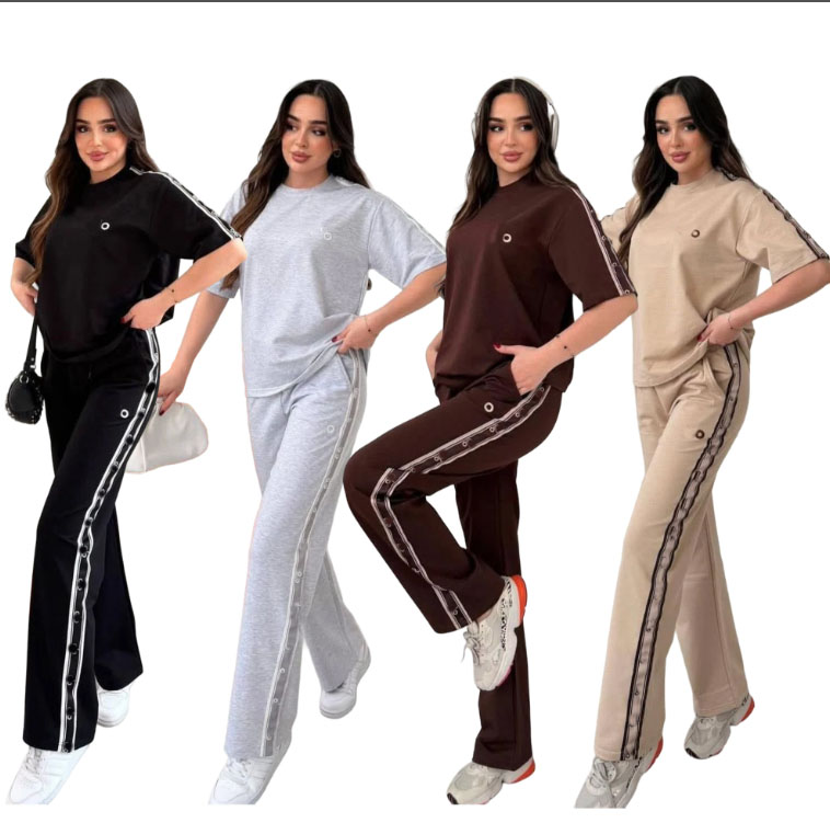 Casual women's patchwork Tracksuits embroidered round neck short sleeve T-shirt high waist wide leg pants sports two-piece set joggingsuit