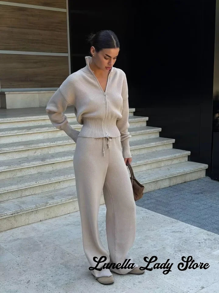 Solid Color Zipper Waist Cinching Casual Set Knitted Top Drawstring Straight Leg Pants 2-piece Sets 2026 Autumn Lady Daily Wear 261015