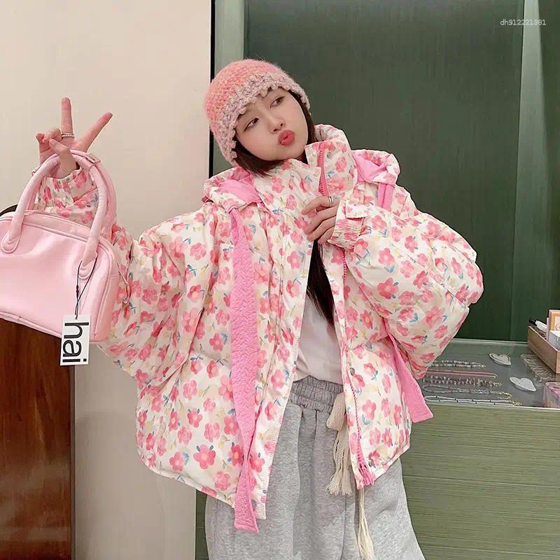 Sweet Floral Print Puffer Jacket Winter Warm Women Cotton Padded Hooded Coats Long Sleeve Loose Short Top Clothes