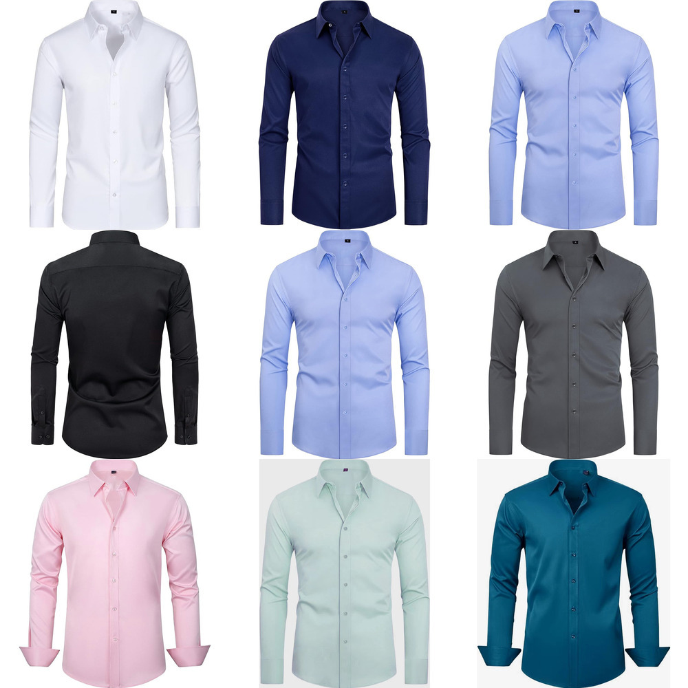 Amazon four-way stretch natural color button-up shirt for men, long-sleeved, solid color, cross-border men's clothing, slim fit, stylish, busin