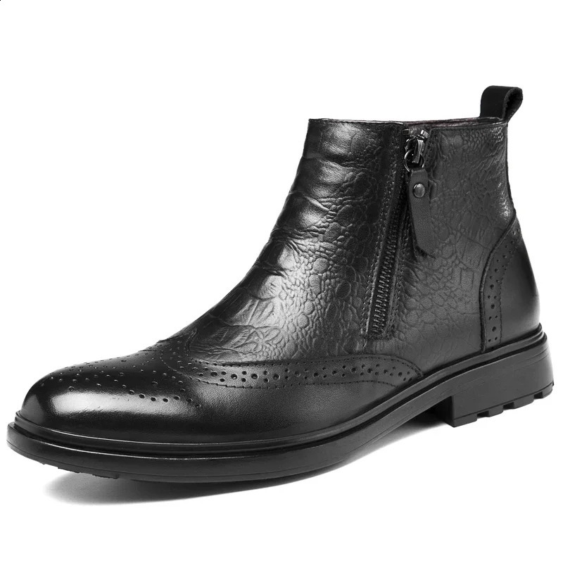 Autumn Winter Premium Men's Brogue Chelsea Boots Size3547 Soft Embossed Genuine Leather All Match Formal Daily Footwear 260917