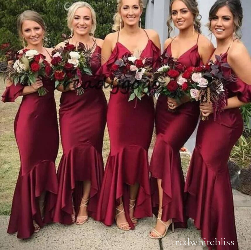 Dark Red Bridesmaid High Low Spaghetti Straps V Neck Tea Length Mermaid Wedding Party Gowns Fashion Boho Maid Of Honor Dresses