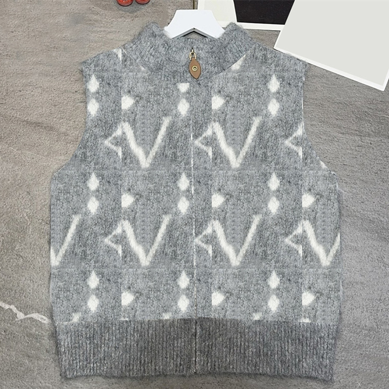 Vintage Women Zipper Up Knit Vest Letter Embroidery Stand Collar Sleeveless Rib Trim Gilet Autumn Weekend Street Stroll Casual Knit Tank