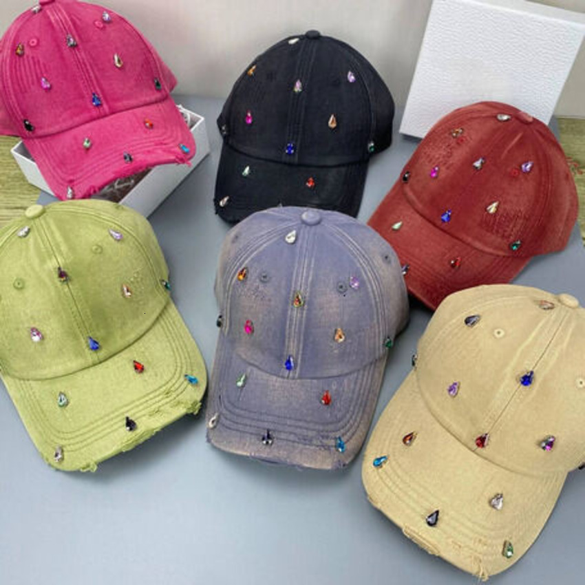 qwCap Multi Color Vintage Washed Distressed Baseball Cap Irregular Teardrop Colorful Rhinestone Decor Fraye Unisex Y2k Street Cas ss1iop