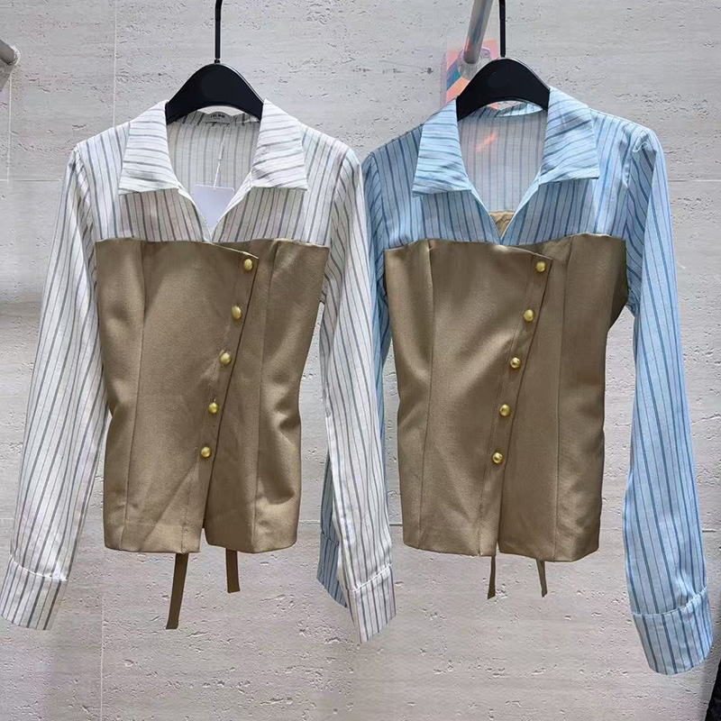 Elegant Fake Two Piece Shirt Women Designer Striped Polo Blouses Stylish Patchwork Slim Fit Shirt for Women
