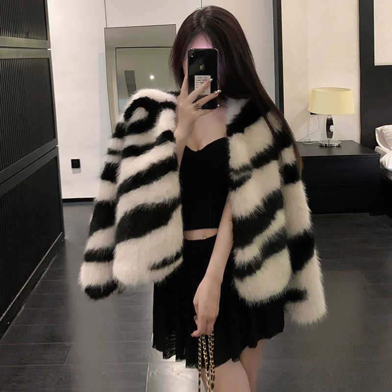 Print Zebra Fur Jackets Women Autumn Winter Fluffy Warm Coats Elegant Party Wear Plush Outerwear S2610161EBM