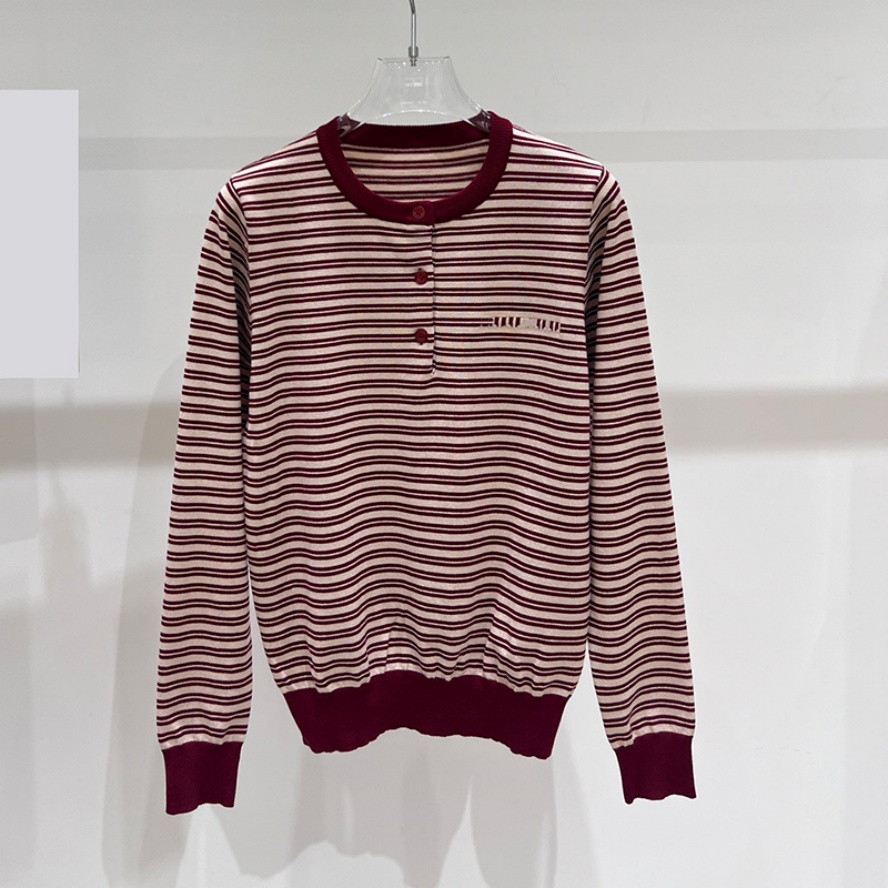 Women Preppy Style Knit Sweater Designer Xmas Striped Red Pullover Sweater Autumn Winter Crew Neck Vacation Sweater