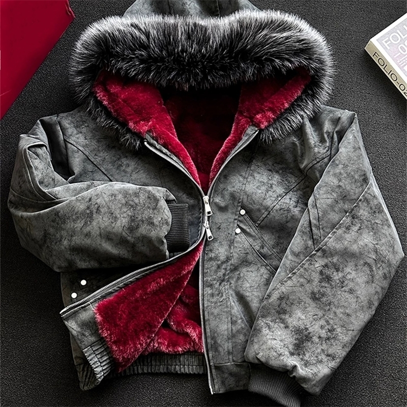 Red Faux Fur Lining PU Leather Winter Coat Man Woman Warm Thicken Fleece Hooded Jacket Padded Coats y260929