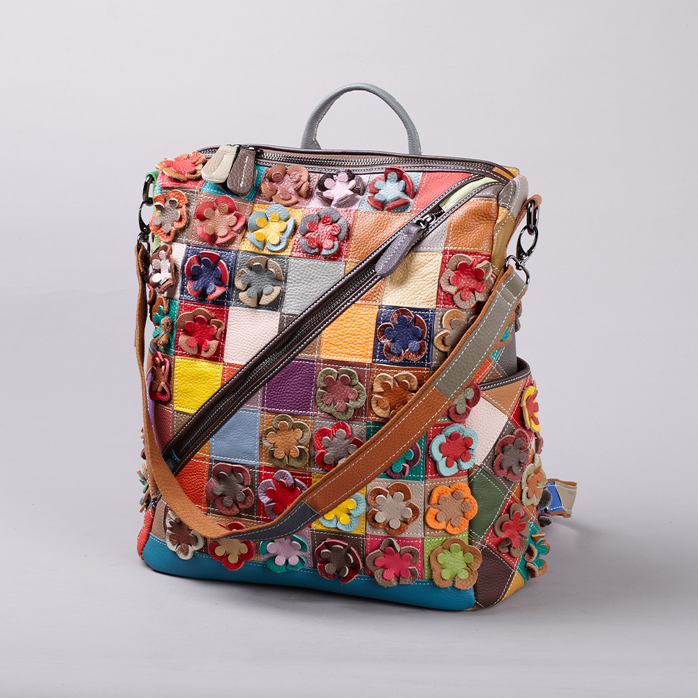 Top Layer Cowhide Backpack Vintage Color Blocking Design Genuine Leather Large Capacity School Bag For Men And Women Commuting KABAHEBINGJUE