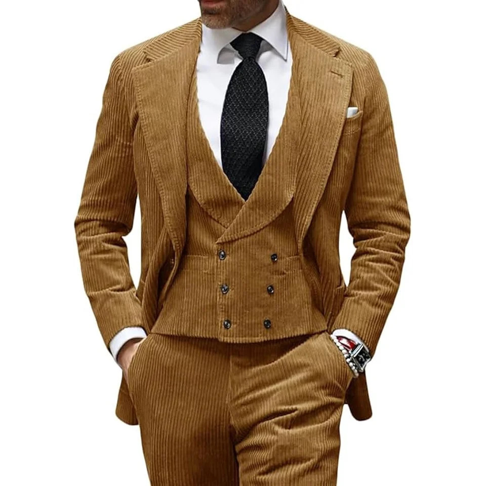 Camel Velvet Mens Suit 3 Piece Corduroy Blazer Vest Pants Set for Business Events Wedding Grooms Banquet Party Custom Tuxedo 261019