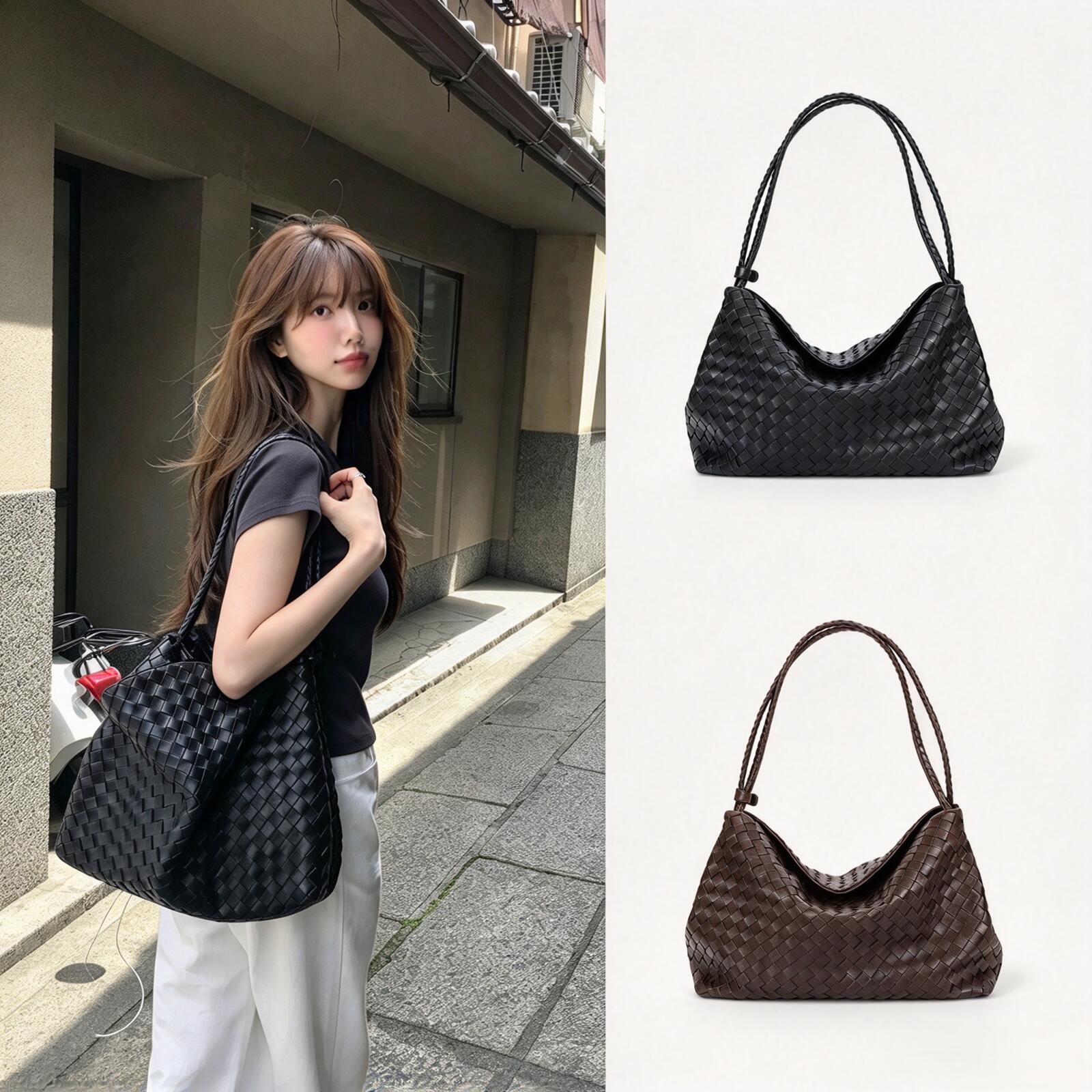 monorow Korean-style genuine Black Woven Hobo Bag for Women Soft Leather-Look Shoulder Purse Casual Korean Styl travel and daily outinge Handbag Lar