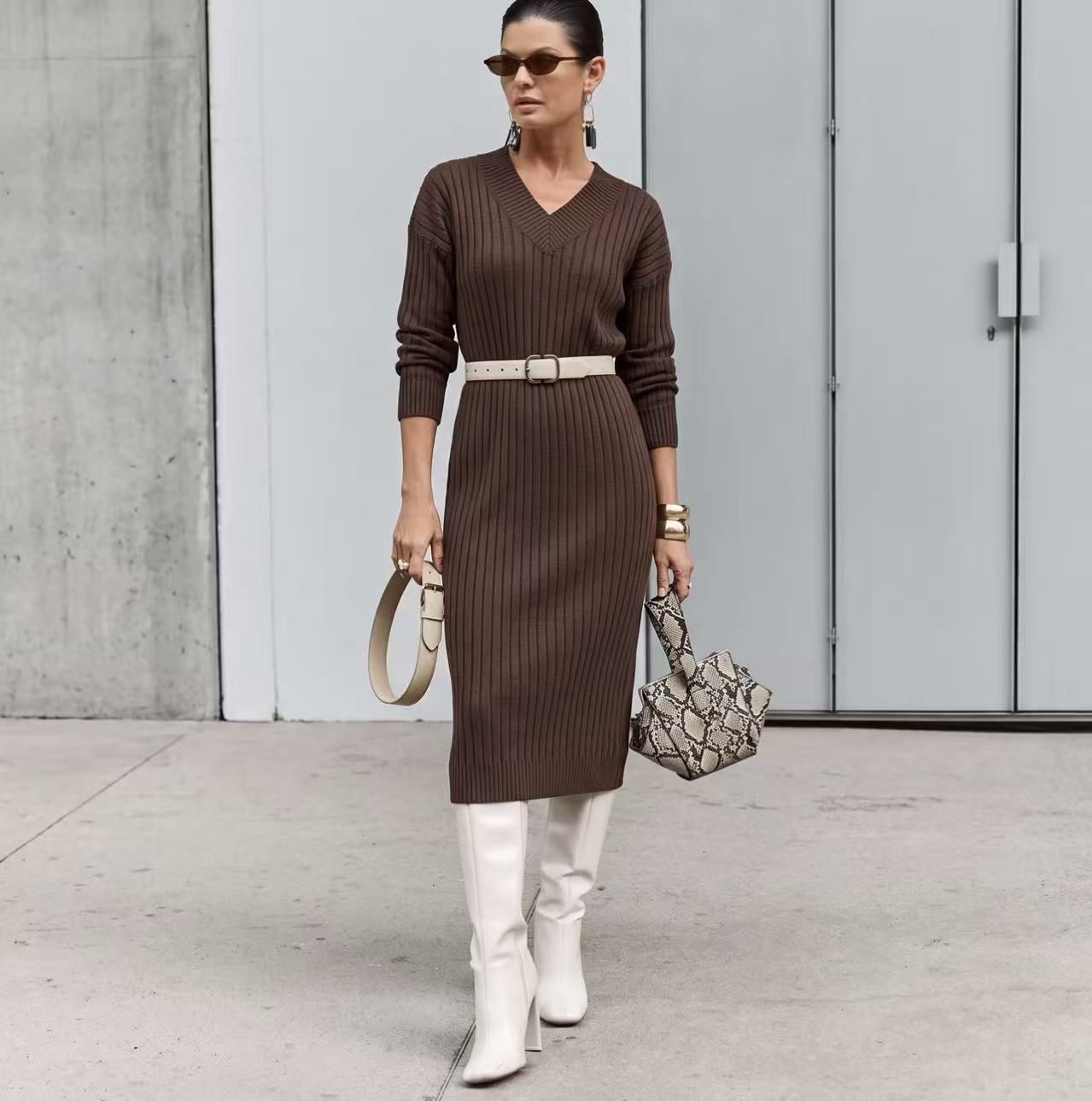 Warm midi knitted, cross-border, new autumn/winter style, best-selling long dress, versatile, loose-fitting, casual knit sweater dress for women