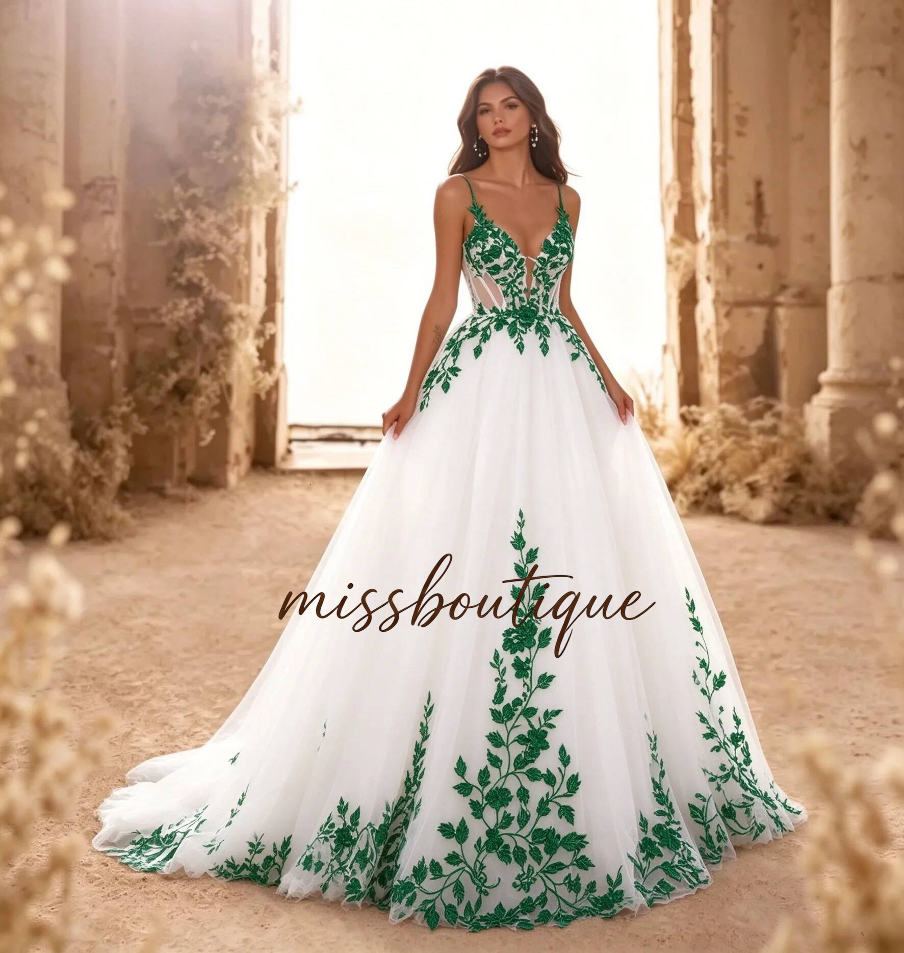 Boho White Tulle Wedding Dress Spaghetti Strap V Neck Green Leaf Lace Appliques A Line Bridal Gown Floor Length Train Beach Bride Formal Wear Custom