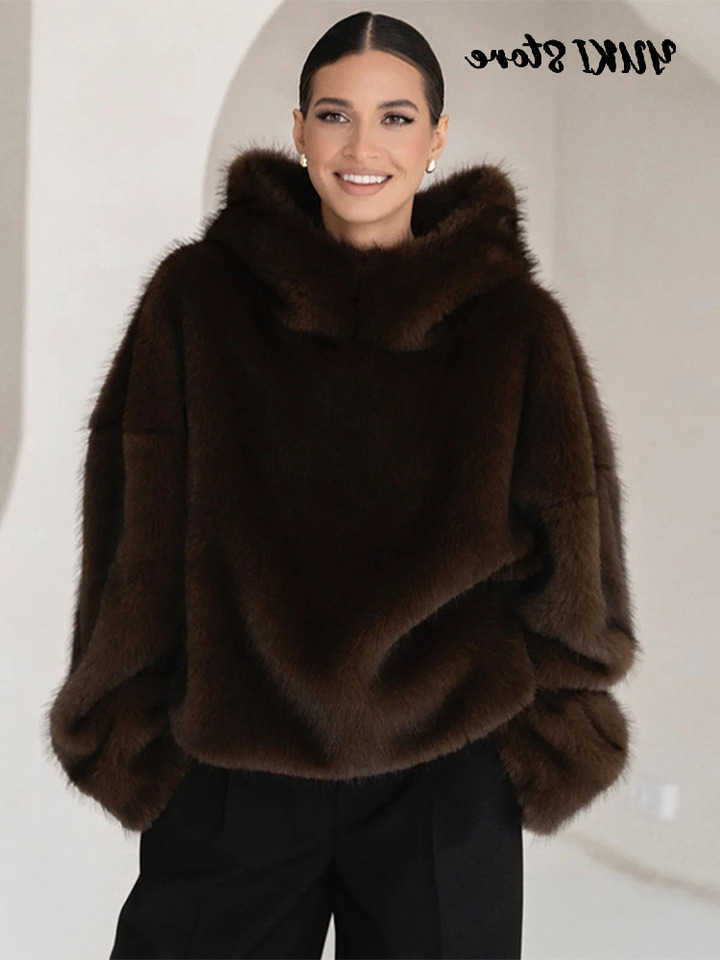 Hooded Furry Fur Coats Women Loose Long Slve Warm Brown Pullovers 2026 Autumn Winter Strt S2610164201