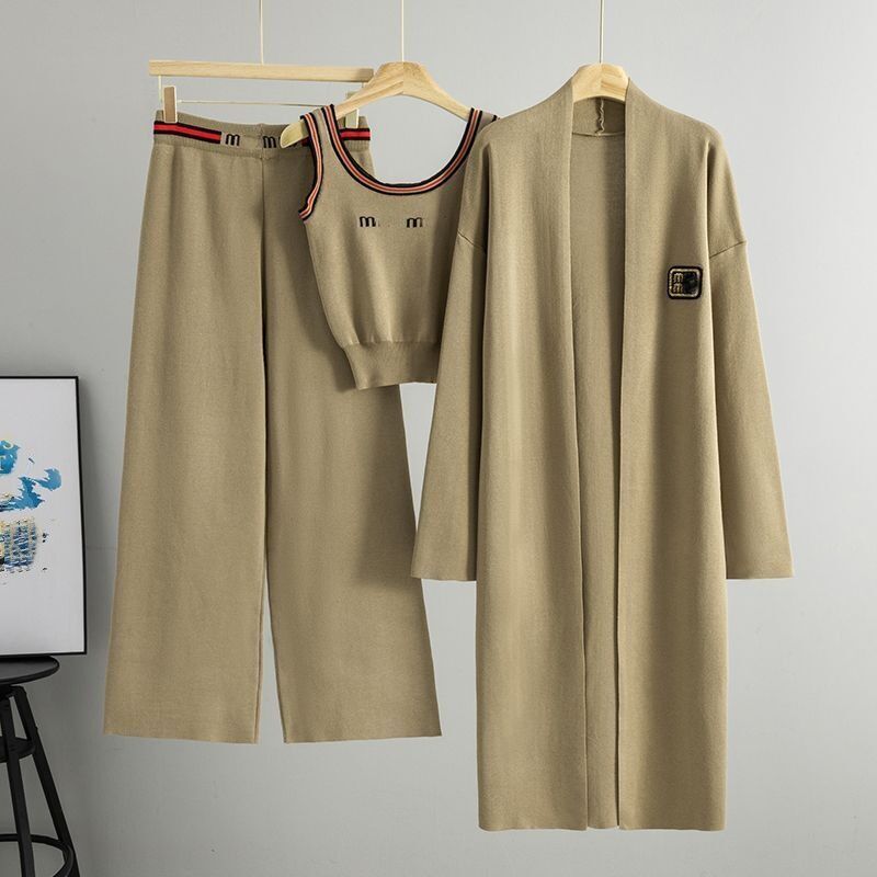 Women new autumn maxi long sweater cardigan knitted vest and wide leg long pants 3 pcs set logo letter appliqued designer suit SML