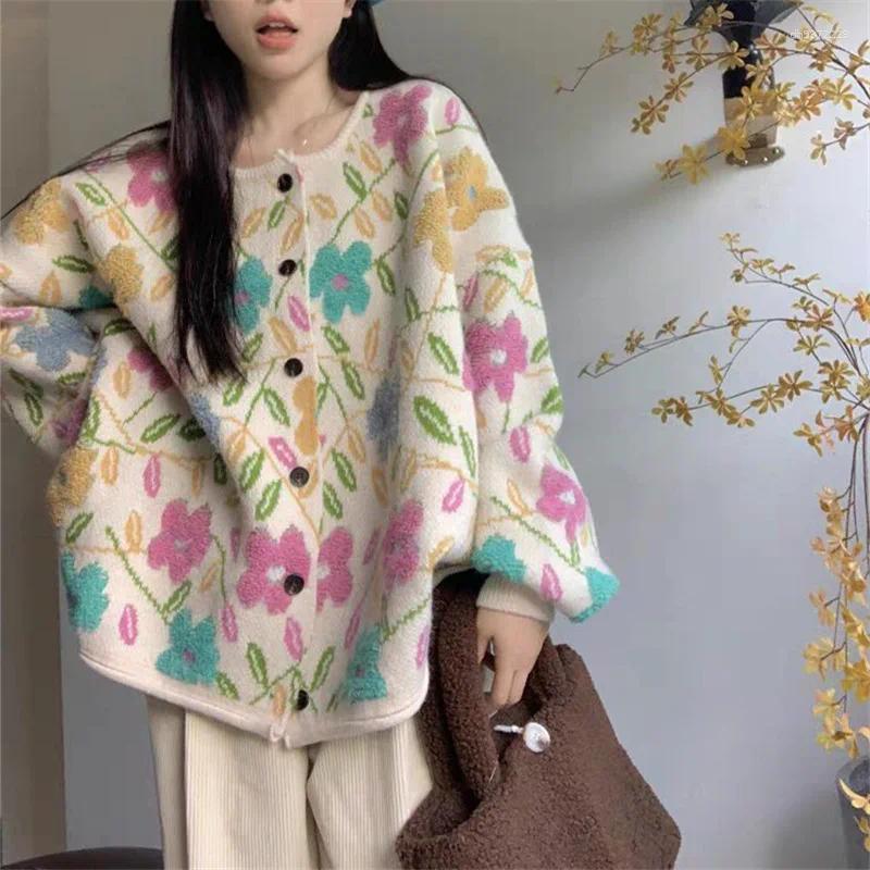Women Floral Embroidery Knit Cardigan, Autumn Winter Loose Fit Round Neck Button Down Sweater Jacket, Casual Soft Knitted Outerwear